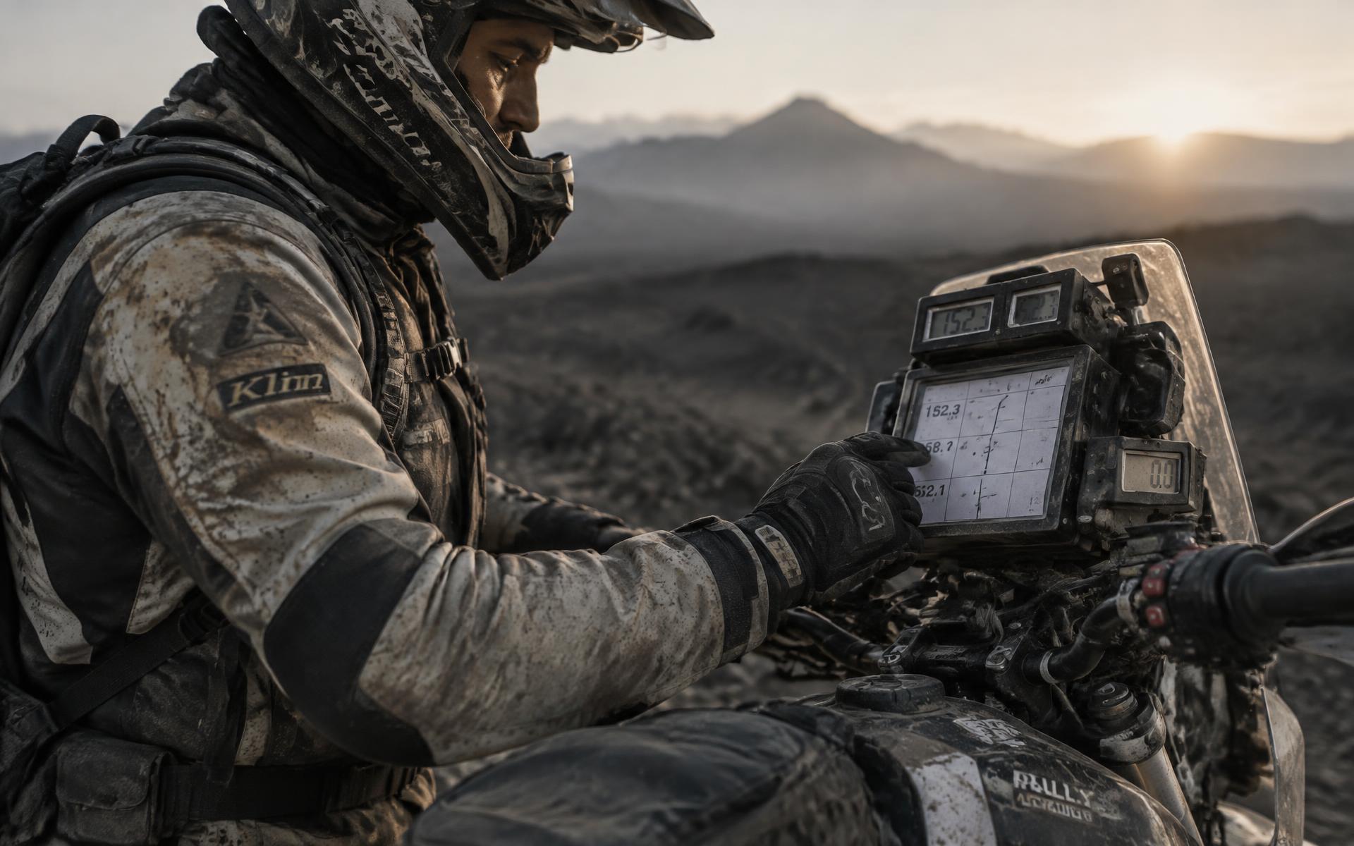 Rider navigating a gravel track with a roadbook in mountainous terrain