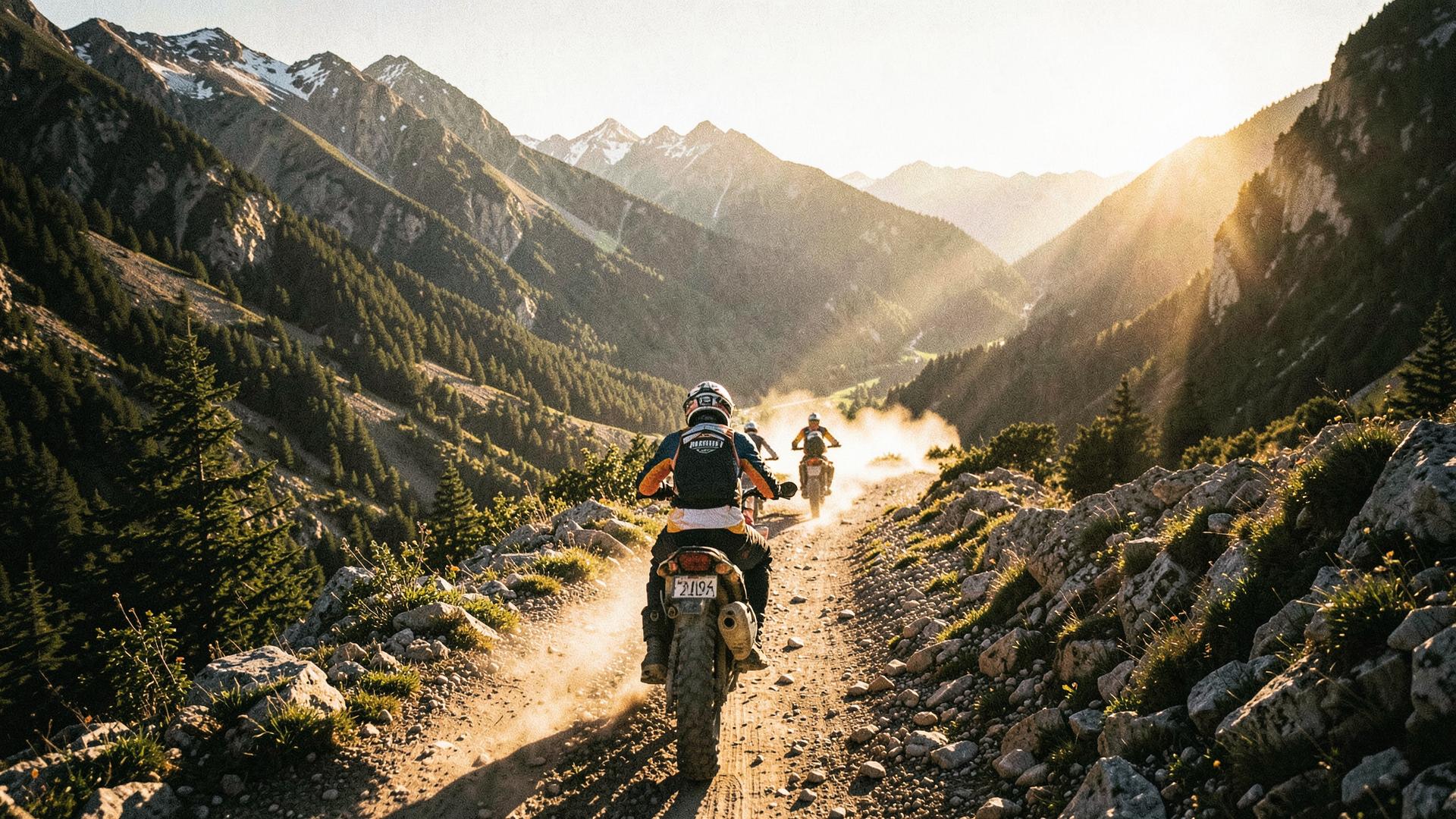 Rally riders descending a mountain trail into a sunlit valley
